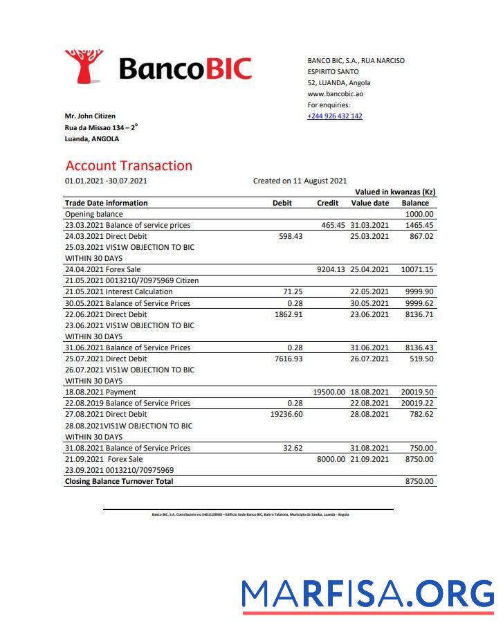 Blank Angola Banco BIC bank statement excel example